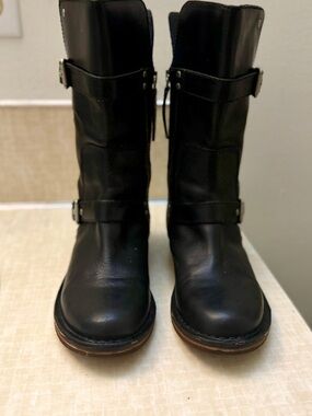 UGG Black Leather Mid-Calf Combat Boots with Buckle Straps